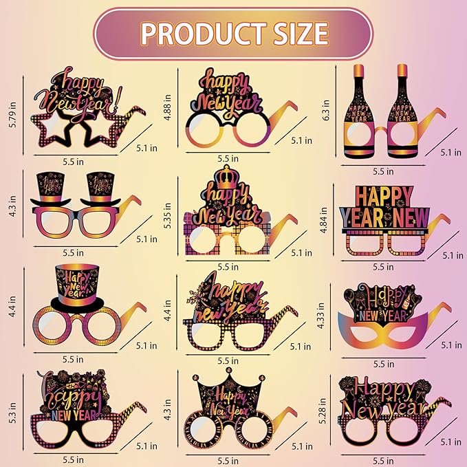 12PCS New Year Glasses, Funny New Years Eve Party Paper Glasses Photo Booth Props 2026 Eyeglasses Frames for NYE Party Supplies Decorations 2026
