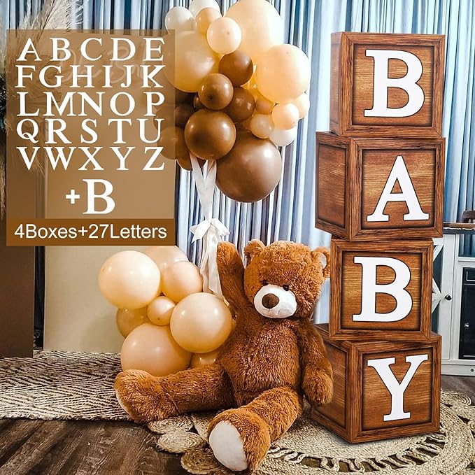 Baby Shower Decorations Boxes with 27 letters - 4 Wood Grain Brown Blocks with 27 Letters, First Birthday Centerpiece Decor, Teddy Bear Baby Shower Supplies, Gender Reveal Backdrop