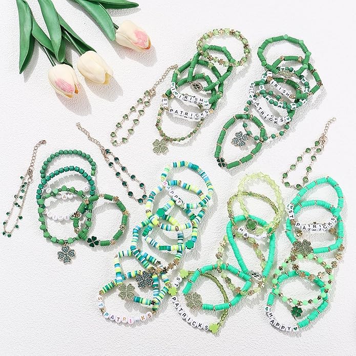 Cooluckday 36 Pcs Holiday Heishi Surfer Bracelets for Women Bulk Easter Mother's Day Christmas St. Patrick's Day Mardi Gras Bracelet Stackable Stretch Friendship Bracelets Set