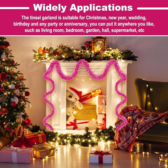 25 Feet Christmas Tinsel Garland, Metallic Twist Garland Wall Hanging Tinsel Garland Backdrop for Parade Floats, Carnival, Birthday, Wedding, New Year Party Decorations (Pink, 4in x 25ft)