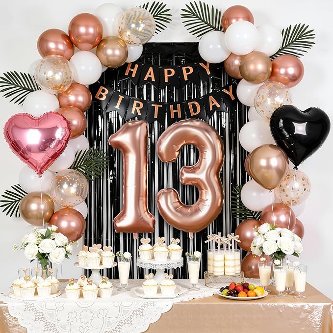 13th Birthday Decorations for Girls - Rose Gold, Black Hot Pink Party Supplies Set with Happy 13th Banner, Number 13 Balloons and Foil Fringe Curtains - 13 Year Old Officially Teenager Celebration Kit