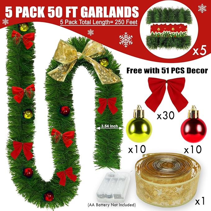GardenNow 3 Pack 150FT Christmas Garland for Holiday Decoration, Christmas Ribbon Holiday Decor for Outdoor Indoor Artificial Christmas Twist Garland Home Soft Artificial Greenery Party Decoration