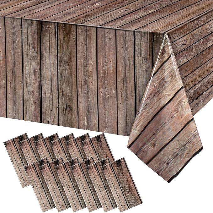 Tiamon 12 Pcs Western Party Tablecloth Western Cowboy Party Table Cover Cowboy Theme Plastic Tablecloth Wild West Wood Grain Table Cover for Birthday Baby Shower Decor (54 x 108 Inch)