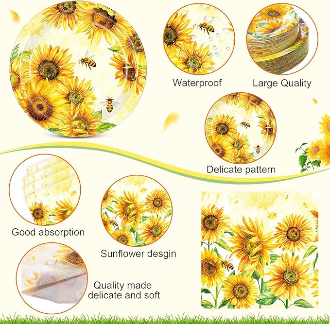 Pickmesh 250 Pcs Sunflower Party Supplies Decorations Serve 50 Sunflower Disposable Paper Plates Napkins and Cups Tableware Set for Floral Birthday Wedding Bridal Shower Baby Shower Tea Party Supplies