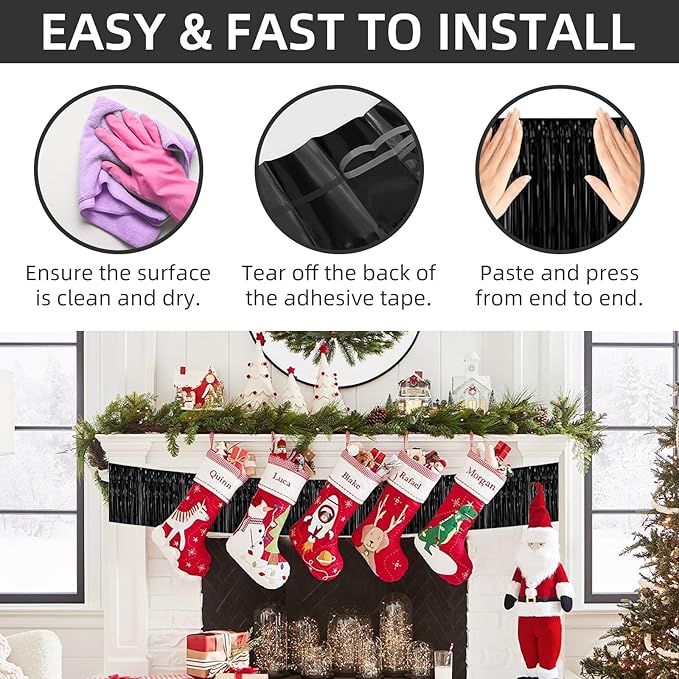 12 Pack 10 Feet Metallic Foil Fringe Garland Tinsel Streamers Banner, Black Wall Hanging Tinsel Fringe Banners for Parade Floats, Wedding, Birthday, Christmas, New Year Party Decorations