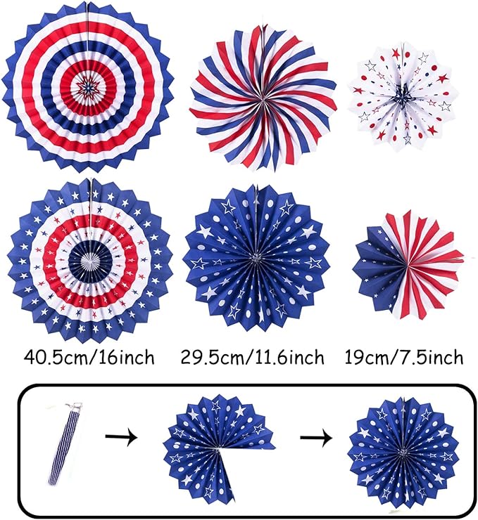 ZERODECO USA Party Supplies, Navy Blue Red Paper Fans Set Pom Poms Star Streamer Hanging Swirls USA Flag for 4th of July Day Patriotic Decorations Birthday Wedding Graduation Independence Day