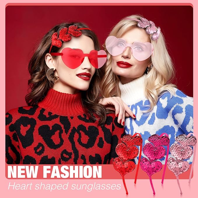 Flutesan 24 Pcs Valentines Day Heart Headbands and Sunglasses Set Red Love Photo Booth Props Women Valentine Party Decor