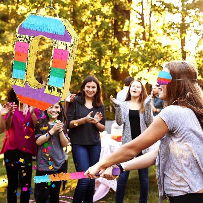 Rainbow Number 0 Pinata Birthday Decorations for Kids, Rainbow Pinata with Bat Stick Blindfold for Boys Girls Birthday Celebrations Baby Shower Party Supplies (16.1x10.6x2.9 Inches)