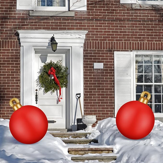 2 Pieces 32 Inch Giant PVC Inflatable Christmas Decorated Ball Ornaments Outdoor Large Xmas Blow Ball Decorations for Christmas Themed Party Ornaments(Solid,Red)