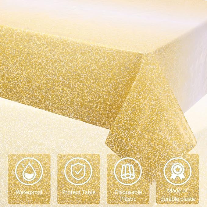 Kesfey 3 Packs Ombre Gold Plastic Tablecloth 54 x 108 Inch Gradient Pastel Gold Sequin Table Cloths Rectangle Disposable Waterproof Yellow Sprinkle Glitter Table Covers for Birthday Party Decorations