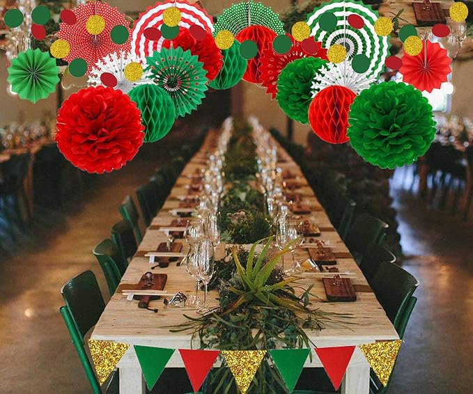 Christmas Party Decorations Paper Fans,Garlands String Circle Dot,Triangle Bunting Flags, Honeycomb Ball,Paper Tissue Pom Poms,Party Supplies for Christmas Birthday Wedding Baby Shower
