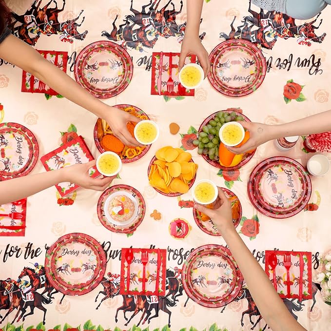 Ceenna 452 Pcs Derby Day Party Supplies for 50 Guests, Run for the Roses Derby Paper Plates Napkins Cups Tablecloth Cutlery Straw Disposable Tableware for Horse Racing Day Party Decorations