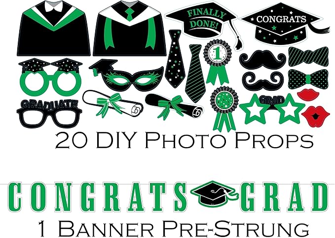 Serves 30 | Ultimate Party Pack | Congrats Grad Green Party Supplies | 9" Dinner Paper Plates | 7" Dessert Paper Plates | 9 oz Cups | 3 Ply Napkins | 2 Table Cover | 20 Photo Props | 12 Swirls | 30