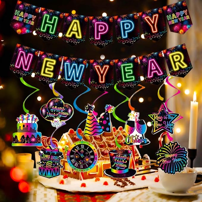 Happy New Year Decorations 2026 Colorful Happy New Year Banner & Ceiling Hanging Swirls Perfect for New Years Eve Party Supplies 2026