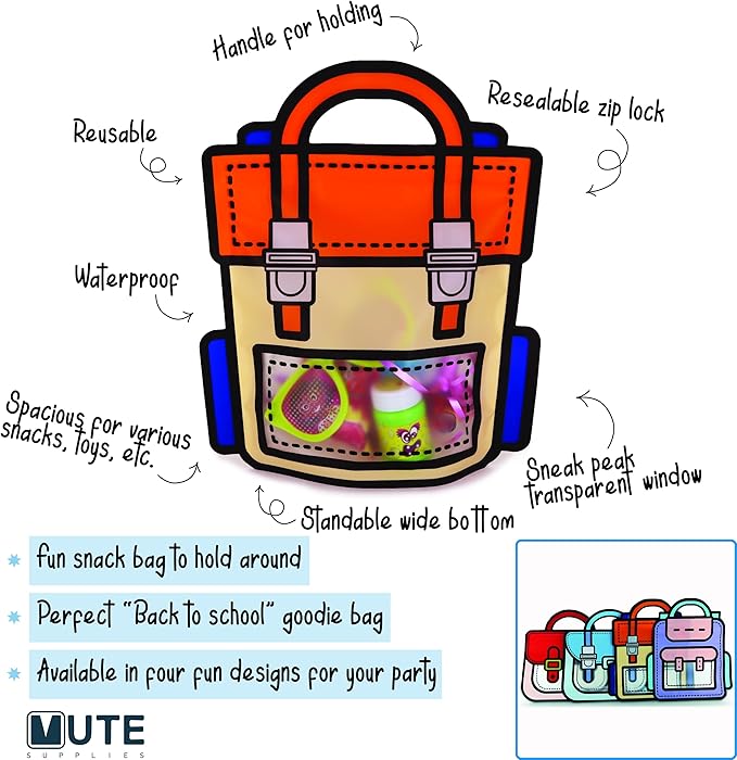 20 Pack Gift Bags for Kids Birthday Party Supplies - Bulk Goodie Bag for Candy, Snacks, or Favors with Resealable Ziplock Seal (Orange/Small)