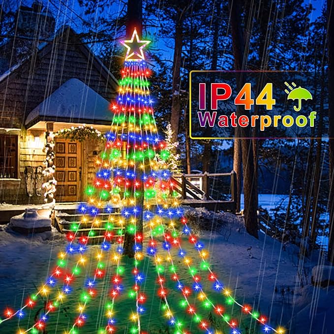 Christmas Decorations Star String Lights, 320 LEDs Outdoor Waterfall Tree Lights with 13" Topper Star, Plug in Waterproof Hanging Fairy Lights for Xmas New Year Holiday Party Yard Patio Decor