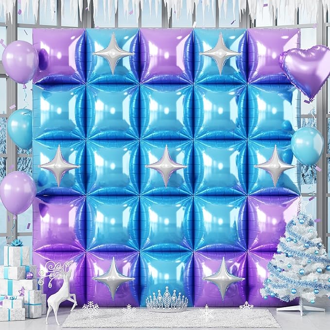 32PCS Blue and Purple Square Foil Balloons Wall with Star Foil Balloon, Double Sided Frozen Snowflake Light Purple Blue Balloon Backdrop Tunnel Arch Kit for Winter Birthdays Under the Sea Theme Decor