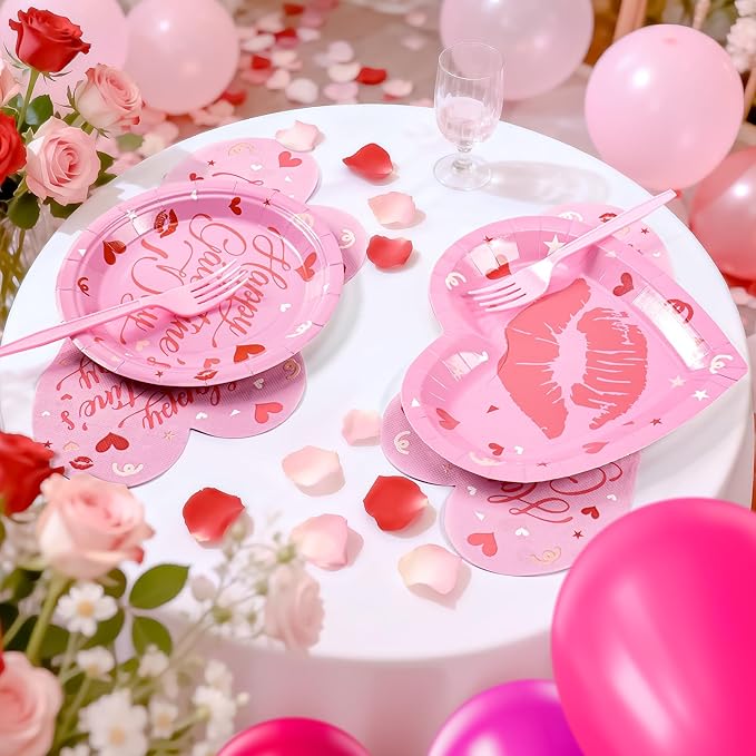 109PCS Happy Galentine's Day Party Supplies,Pink Love Heart Disposable Paper Plates Napkins Cups Forks Dinnerware for 24 Guest,Banner Balloons for Valentines Anniversary Wedding Engagement