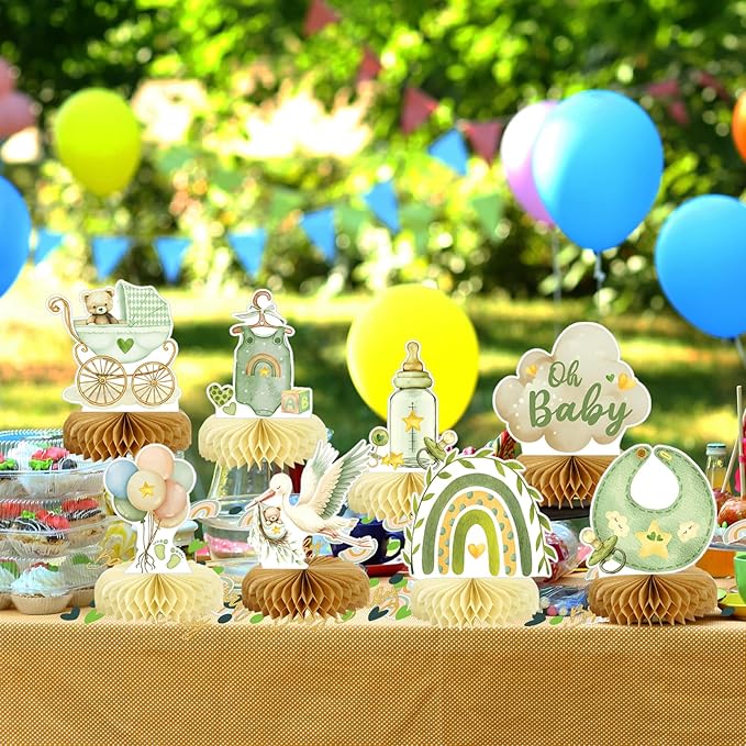 8Pcs Bear Baby Shower Decorations Honeycomb Centerpieces for Boy, Confetti Baby Shower Table Decorations Birthday Party Table Centerpieces Toppers Party Decor (Green)