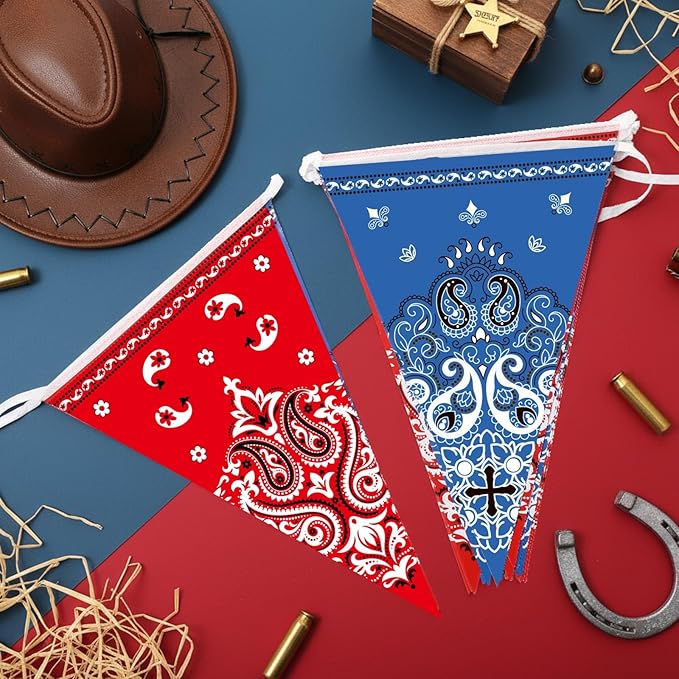 Boao 5 Pack Western Cowboy Party Decorations Bandana Pennant Banner Wild West Decor Western Cowboy Themed Yee Haw Country Party Decoration Supplies 9.8 x 5 ft(Red, Blue)