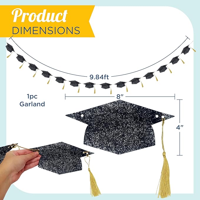 4E's Novelty Graduation Cap Banner – Black Glitter 2026 Grad Cap Garland, Grad Party Decorations 2025, Hanging Graduation Decor for College, High School & Outdoor Celebrations