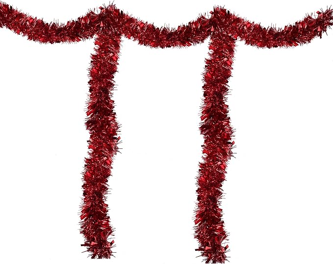 33FT Christmas Tinsel Garland,Red Shiny Metallic Foil Decorations for Parade Floats, Halloween, Christmas Tree, New Year Parties,Birthday Party,Indoor and Outdoor Disco Party Supplies