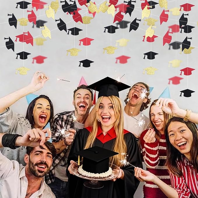 Red and Black Gold Graduation Garland Graduation Party Decorations Class of 2026 Grad Cap Garland Banner Streamers for Grad Party Hanging Decorations 39Feet