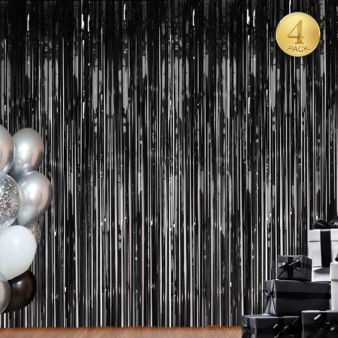 4Pack Black Foil Fringe Curtains Black Streamers Backdrop for Party Decorations, Wedding, Graduation, Halloween, Birthday, Photo Booth Props