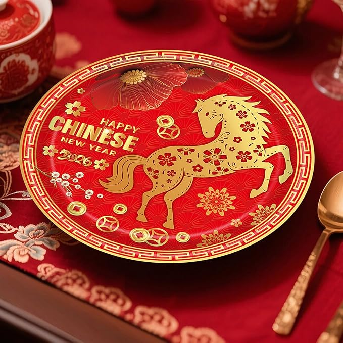 24 Pieces Chinese New Year 2026 Paper Plates – 9 Inch Red and Gold Horse Design Disposable Dinner Plates for Lunar New Year Party, Spring Festival, and Year of the Horse Celebrations