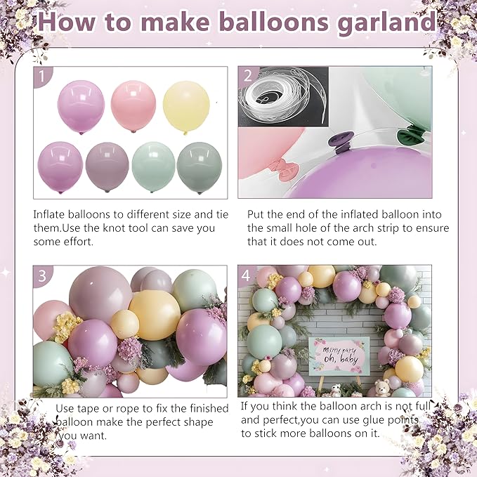Dusty Green Pink Purple Yellow Balloon arch kit,Double Stuffed Haze Purple Mauve Pink Ivory Sage Green Lilac Light Yellow Balloons Garland for Brithday Wedding Wild Flower Princess Party Decorations