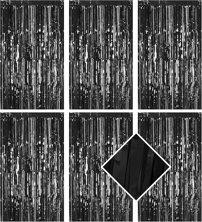 6 Pack Black Foil Curtain Backdrop 3.2ft x 6.6ft Metallic Tinsel Fringe Backdrop Curtains Streamer Photo Booth Backdrop for Birthday Engagement Bachelorette Christmas Holiday Party Decorations