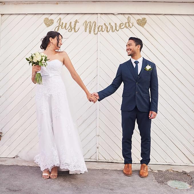Pre-strung Just Married Banner - No DIY - Gold Glitter Wedding Party Banner in Script - Pre-strung Garland on 6 ft Strand - Gold Wedding Reception Party Decorations & Decor. Did We Mention No DIY