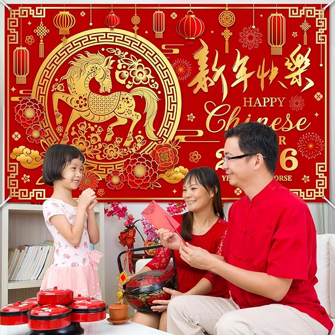 Mocsicka 2026 Chinese New Year Backdrop Banner 2026 Lunar The Year of The Horse Decorations Banner Chinese Spring Festival Family Party Decorations Photo Background (6x3.6ft)