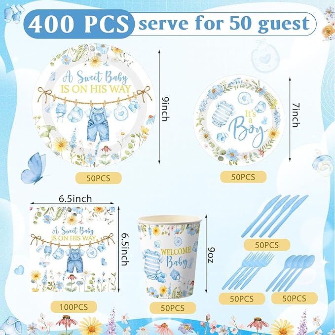 400 Pcs Blue Wildflower Boy Baby Shower Party Decoration for 50, a Sweet Baby Is on His Way Floral Paper Plates Napkins and Cups Cutlery Tableware Set for Boy Shower Party Supplies