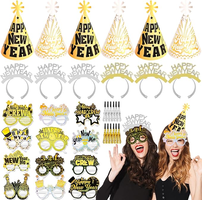 HOWAF 36 Pcs New Year Eve Party Supplies 2026, New Years Hats Headband Cone Hats Glitter Paper Eyeglasses Noise Makers White Gold New Years Decorations 2026 for NYE Party Favor Accessories