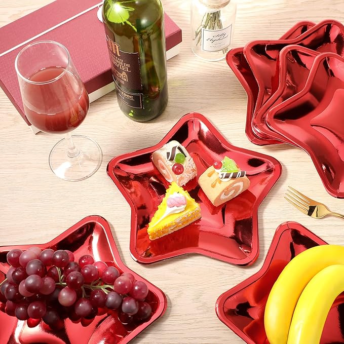 Patelai 30 Pieces Thick Star Shaped Paper Plates Disposable Party Plate Pentagram Dinnerware Decorations for Graduation Independence Day Wedding Birthday Baby Shower, 9.45 Inch(Red)