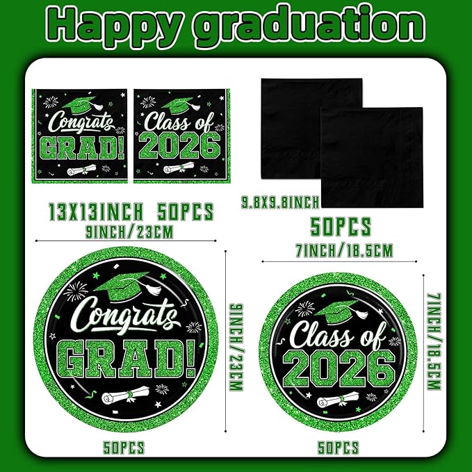 Graduation Decorations 2026 Graduation Party Plates and Napkins Set Black Green Class of 2026 Graduation Party Supplies for Congrats Grad Party Decor, Serve 50