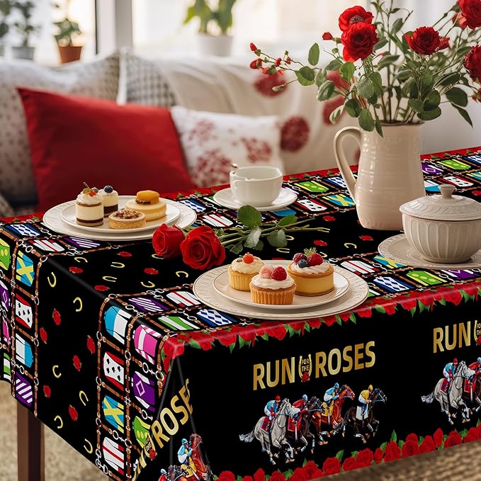 QZYL 4 PCS Derby Table Cloth, Disposable Plastic Derby Party Decorations, 54 x 108 Inch Horse Tablecloth, Kentucky Run for The Roses Tablecover for Horse Themed Party Decorations Supplies