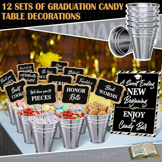 12 Set 2026 Graduation Candy Buffet Party Decoration Graduation Table Candy Bar Snack Labels Signs and 5'' Buckets with Handle for Class of 2026 Party Parties Supplies(Pure Style,Balck and Sliver)