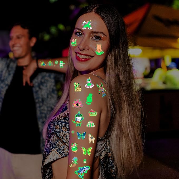 370 Patterns Party Favors, 36 Sheets Glow In Dark Stickers Luminous Temporary Tattoos, Waterproof Fake Tattoo Supplies Animal Dinosaur Mermaid Butterfly Stickers for Birthday Decorations