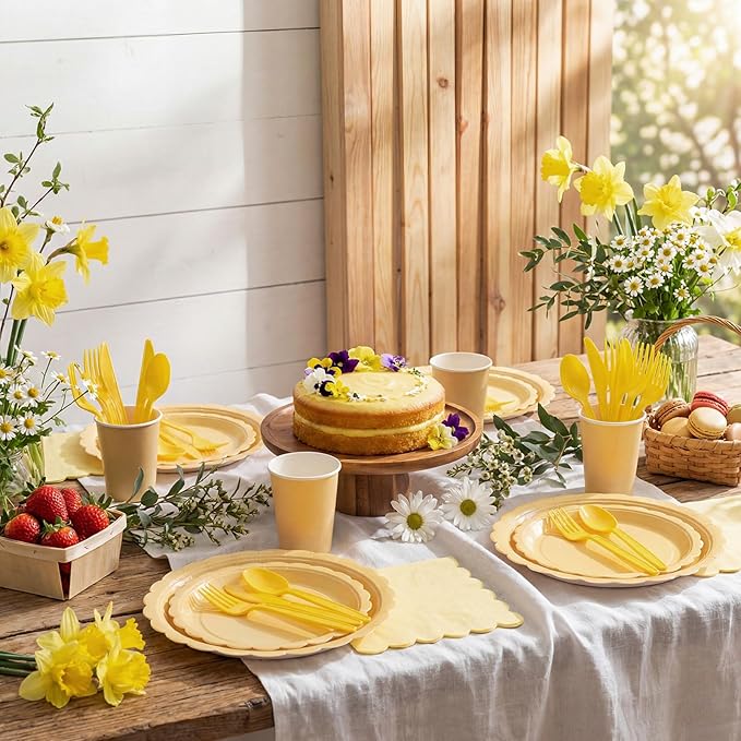 350 Pcs Light Yellow Plates and Napkins, 50 Guest Spring Easter Party Supplies Include Scalloped Paper Plates Napkins Cups Plastic Spoons Forks Knives Disposable Tableware Set for Baby Shower