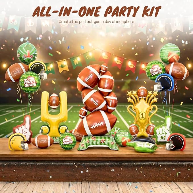 Football Party Decorations Balloon Set, 16PCS 59in Jumbo Foil Football Balloons with Trophy, Field Goal Post, Helmets & #1 Finger – Game Day Big Game Decorations for Birthday, Sports Party (Style 1)