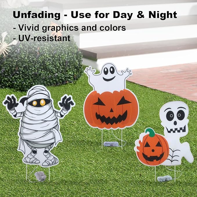 Lighted Yard Signs for Halloween Props Yard Stakes Light Up Pumpkin Ghost Yard Sign with Stakes for Halloween Decorations Outdoor Lawn Decor Yard Decorations - 3PCS