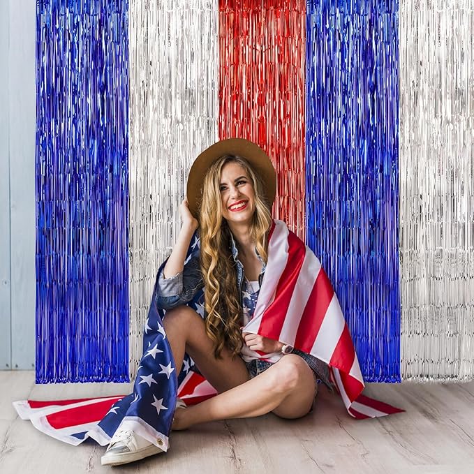 LOLStar 4th of July Decorations, 3Pack Red White and Blue Decorations Streamers Patriotic Foil Fringe Curtains Photobooth Props Party Backdrop for USA Themed Olympics Election Veterans Day Decor