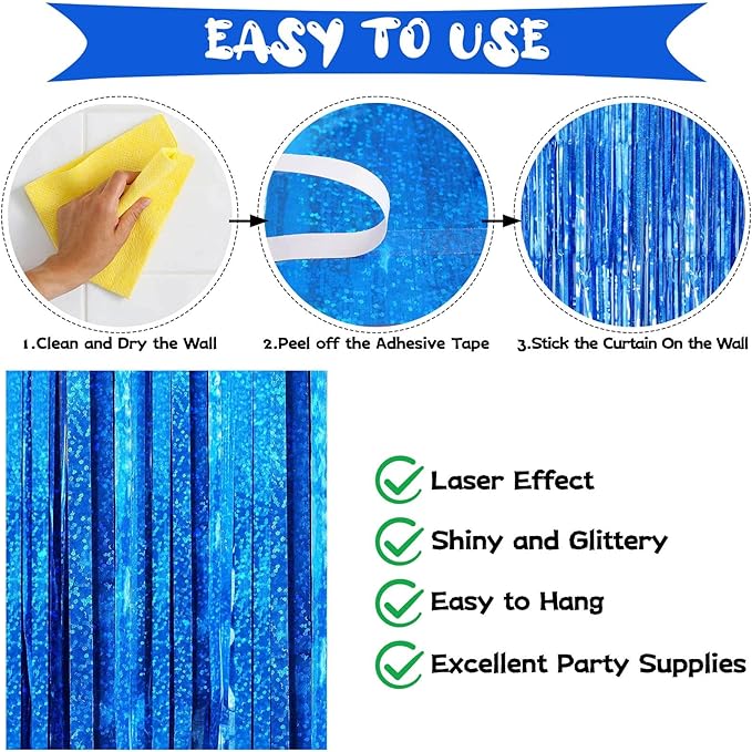 Blue Tinsel Foil Fringe Curtain Backdrop, 3.3 x 8.2 ft Metallic Glitter Curtain Streamers, 2 Pack Royal Blue Photoboth for Birthday Ocean Sea Party Decorations