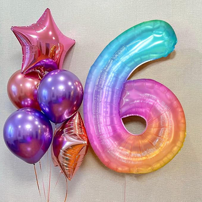 Rainbow Number 6 Balloon, 40 Inch Large Number Foil Mylar Balloons for 6th Girl Boy Birthday Party Celebration Decorations Supplies, Digital Balloons for Wedding Anniversary Events Decora