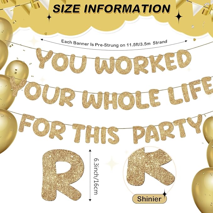 Fulmoon Pre Strung You Worked Your Whole Life for This Party Banner Funny Retirement Glitter Banner Graduation Party Decorations Going Away Supplies for Men Women Gifts, No DIY(Champion Gold)
