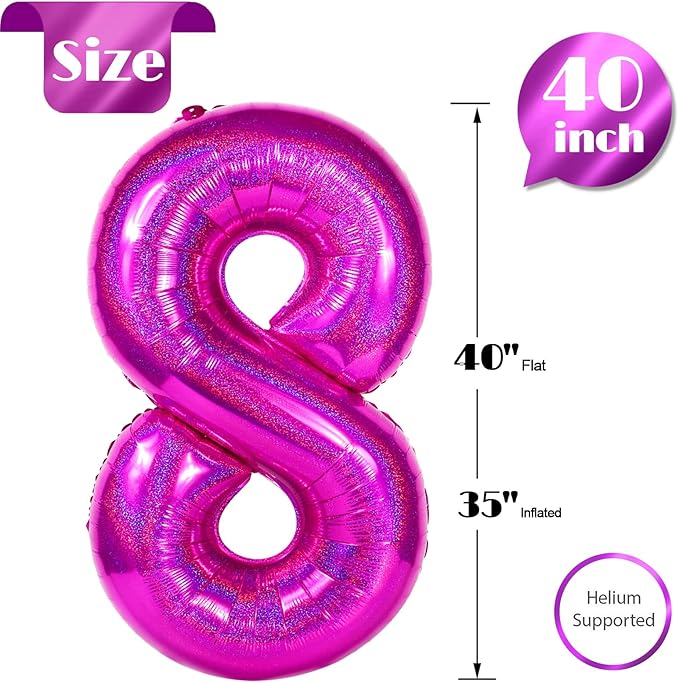 Laser Hot Pink 8 Balloon, Number Balloons 40 Inch, 8th Birthday Decorations for Girls, Birthday Balloons, Laser Hot Pink Party Supplies, Number 8 Balloon