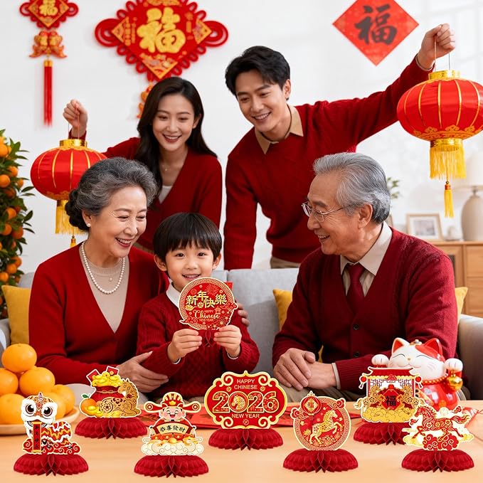 10 Pcs Chinese New Year Honeycomb Centerpieces Decoration 2026 Year of The Horse Ornaments Signs Red and Gold Table Toppers Table Centerpieces Lunar New Year Party Supplies