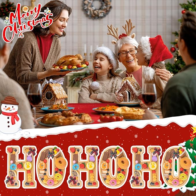 6PCS Bamboo Christmas Decorations Letters Charcuterie Board Box-(with 14 Balloons and Bow) HOHOHO Charcuterie Letters Fillable Food Christmas Party Supplies Table Decoration Food Tray Platter